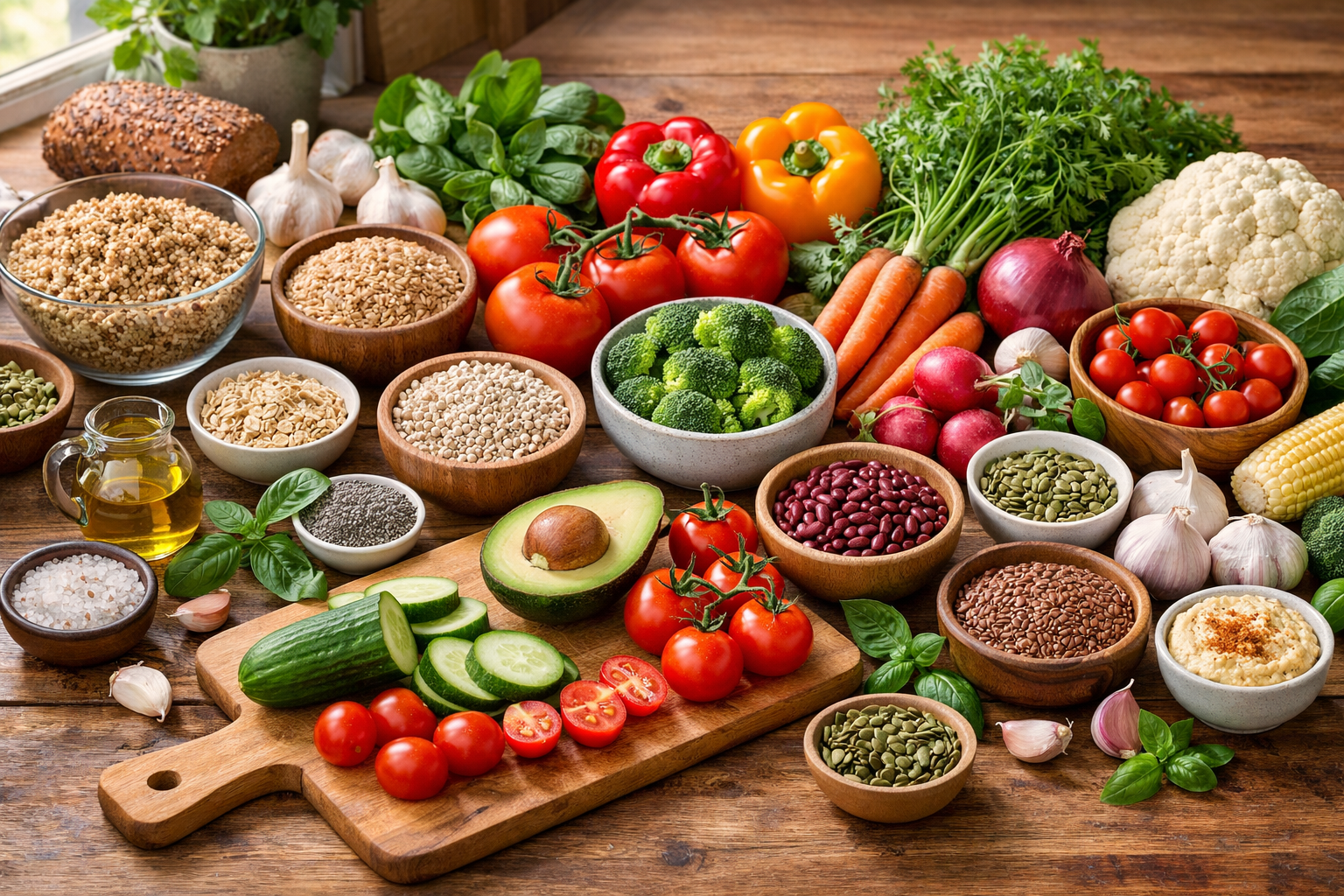 Fresh colorful vegetables and whole grains arranged on a wooden kitchen table, natural light, healthy meal preparation concept