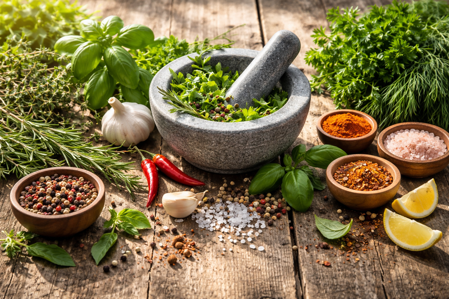 Fresh herbs and spices on rustic wooden surface with mortar and pestle, natural seasoning concept, bright daylight